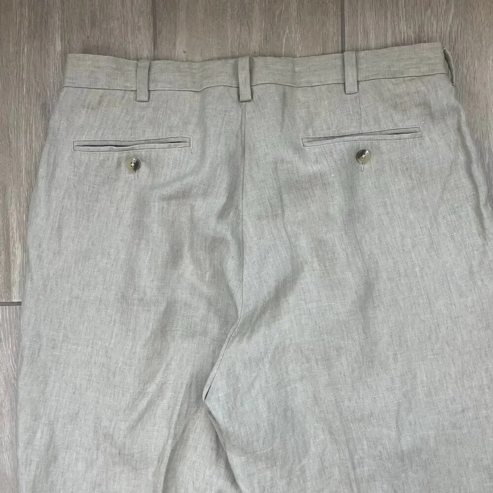 Jos A Bank Linen Pants Mens 36x32 Beige Pleated Cuffed Dress Trousers 100 Linen